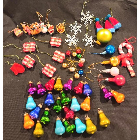63 Vintage Mini Christmas Ornaments Set Mixed Glass - Picture 1 of 14
